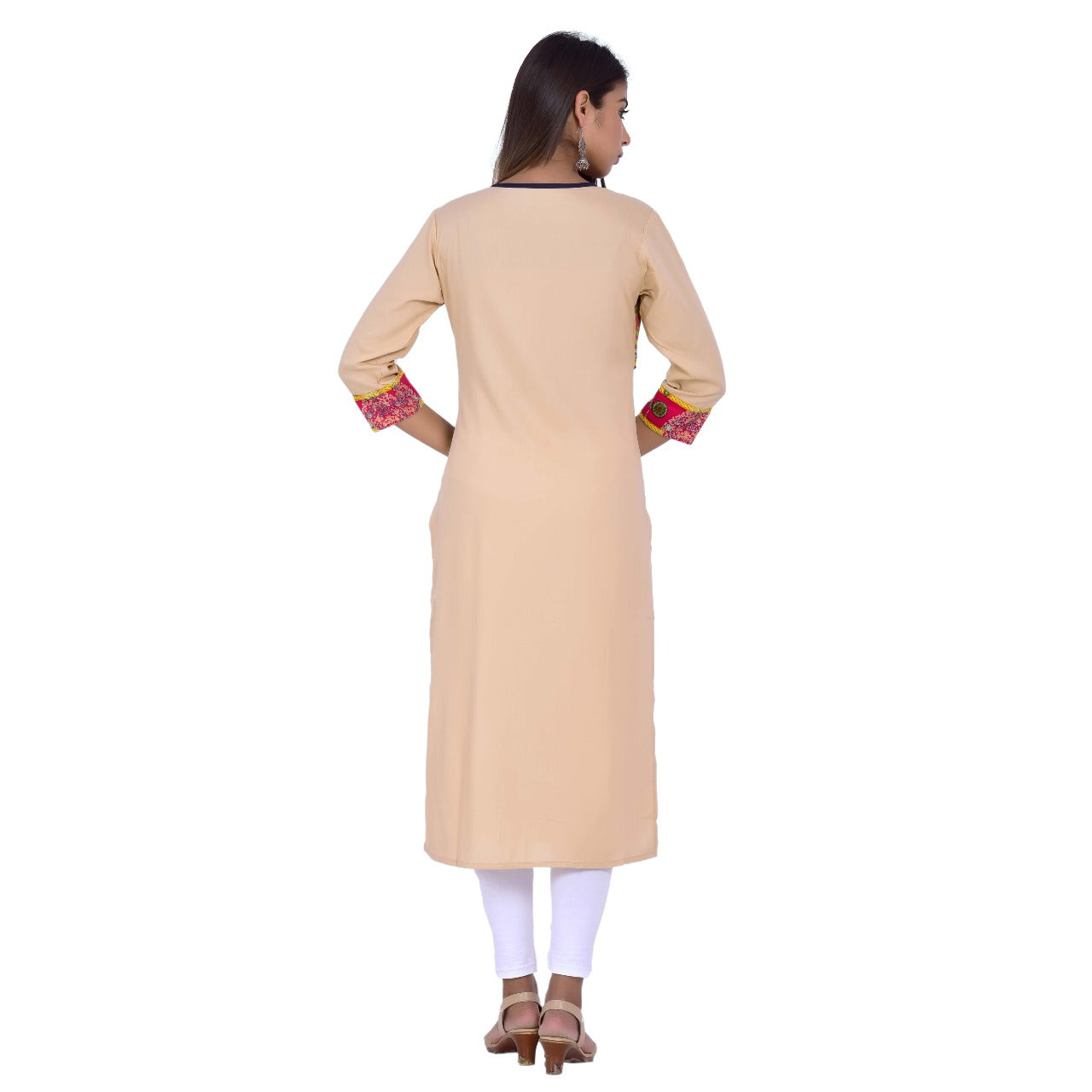 Beige Straight Kurti with Multicolor Traditional Print Detailing