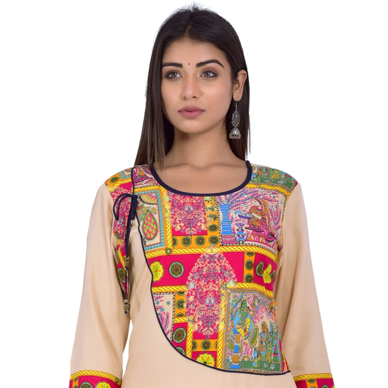Beige Straight Kurti with Multicolor Traditional Print Detailing