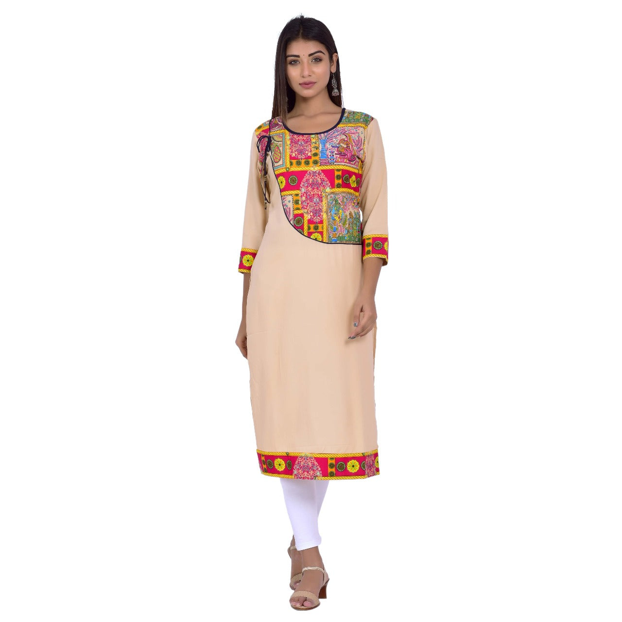Beige Straight Kurti with Multicolor Traditional Print Detailing