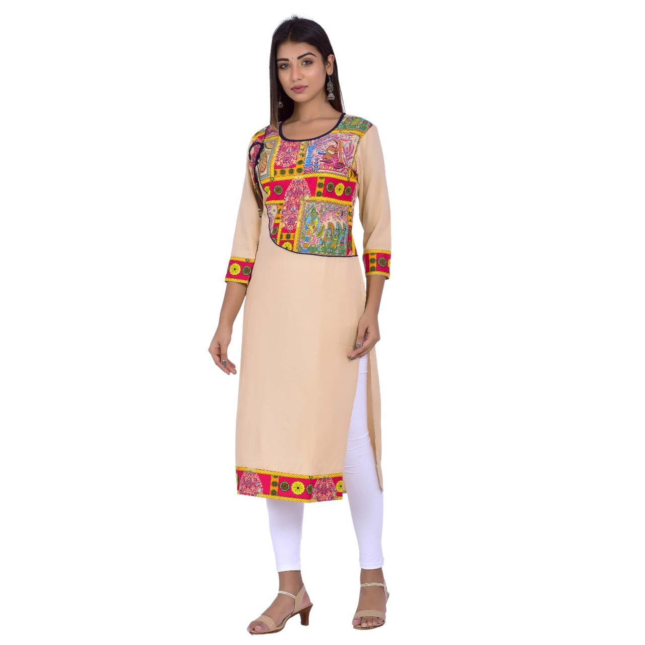 Beige Straight Kurti with Multicolor Traditional Print Detailing