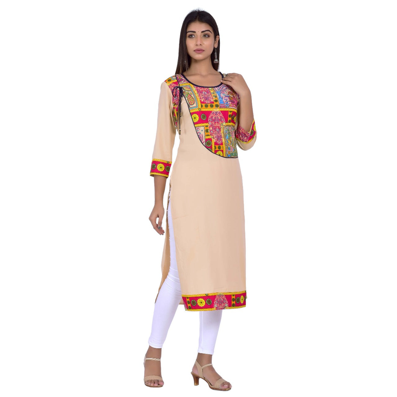 Beige Straight Kurti with Multicolor Traditional Print Detailing
