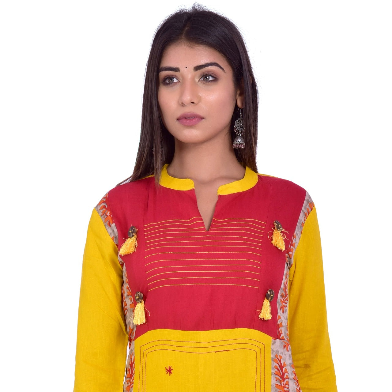 Mustard Yellow & Red Panelled Printed Kurta with Tassel Detail