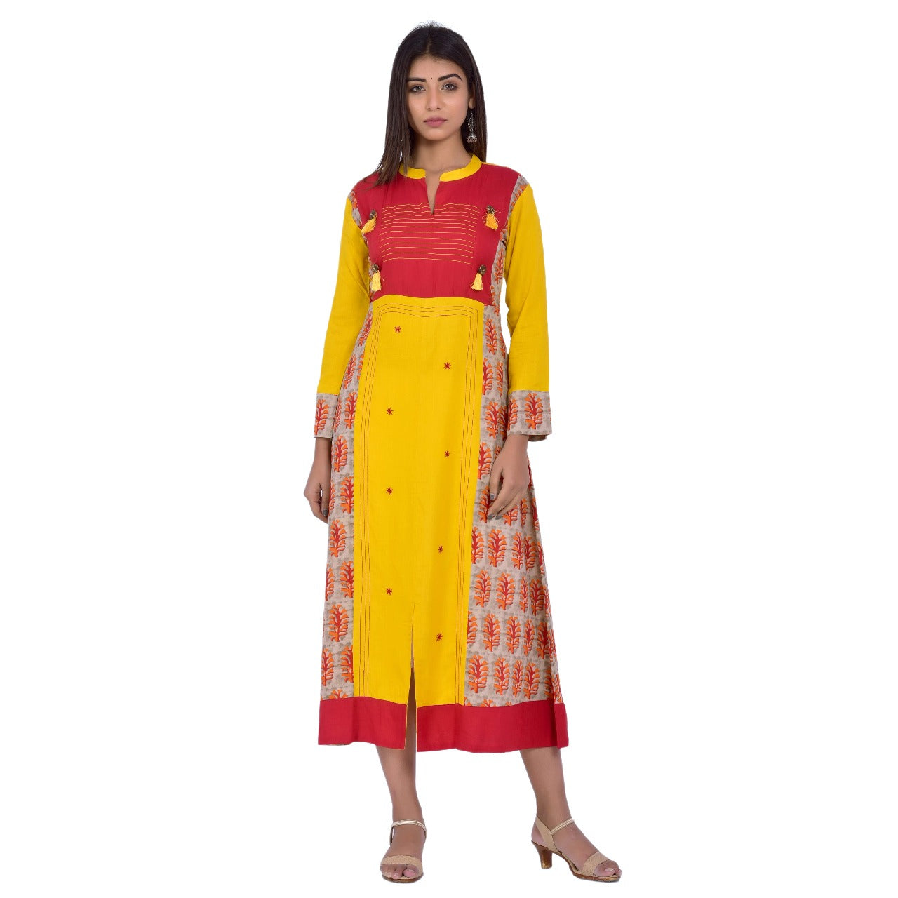 Mustard Yellow & Red Panelled Printed Kurta with Tassel Detail
