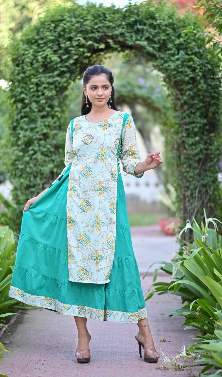Rama Green Printed Layered Flared Kurta Dress
