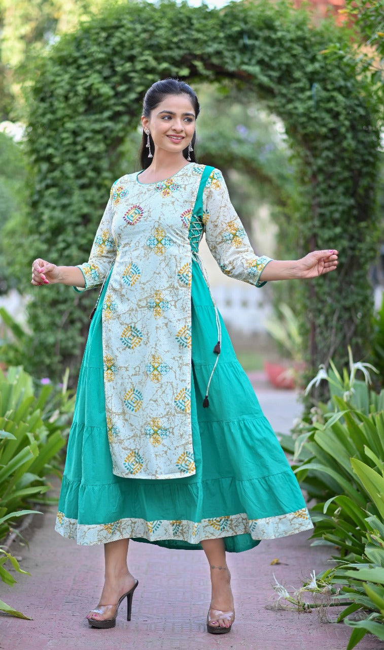 Rama Green Printed Layered Flared Kurta Dress