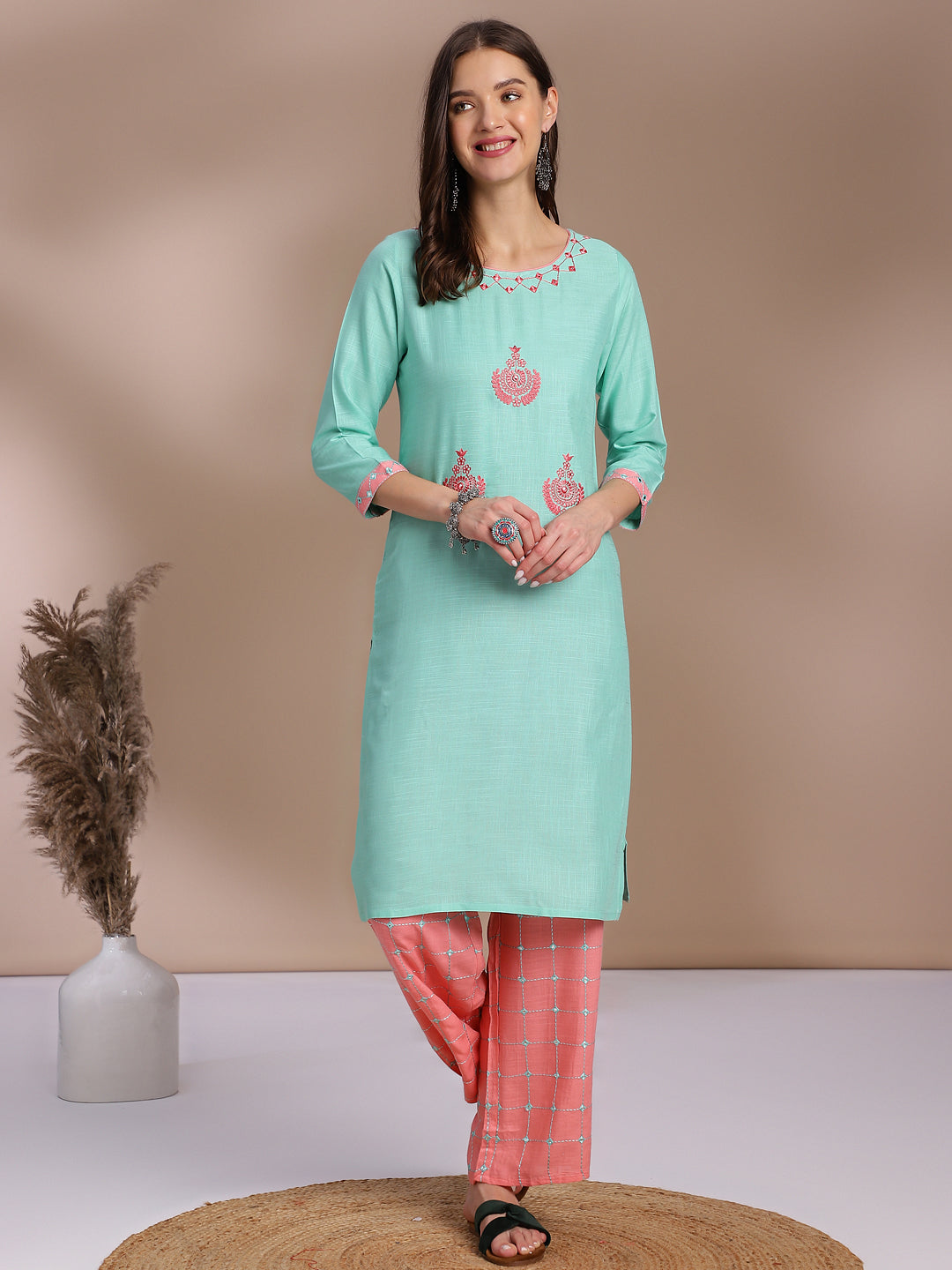 Sea Green Embroidered Kurta with Pink Palazzo Set