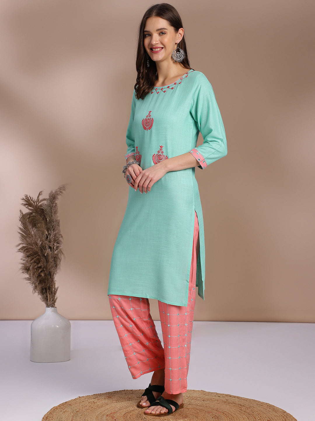 Sea Green Embroidered Kurta with Pink Palazzo Set