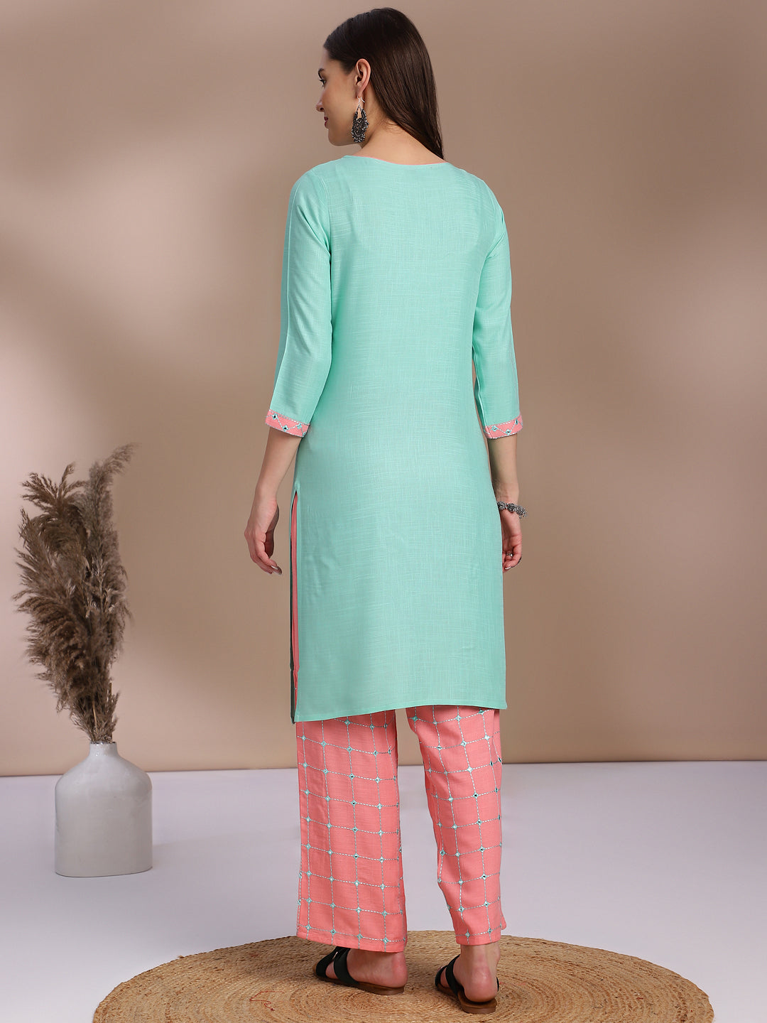 Sea Green Embroidered Kurta with Pink Palazzo Set