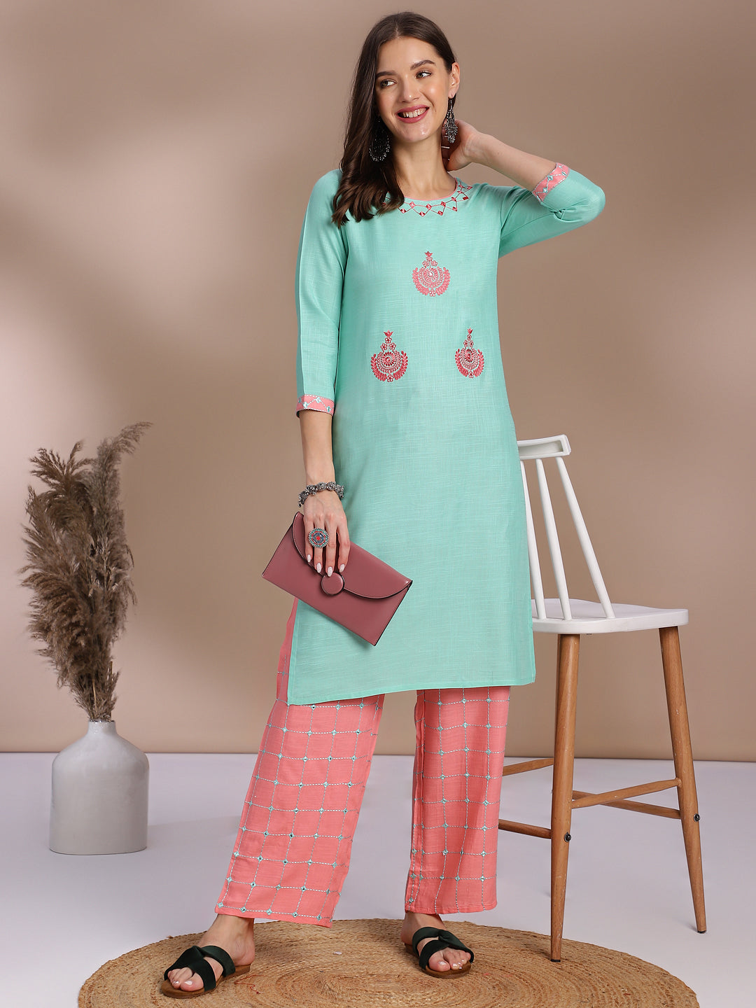 Sea Green Embroidered Kurta with Pink Palazzo Set