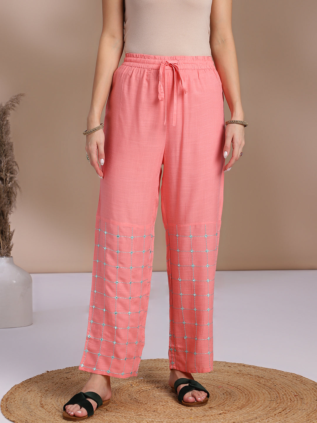 Sea Green Embroidered Kurta with Pink Palazzo Set