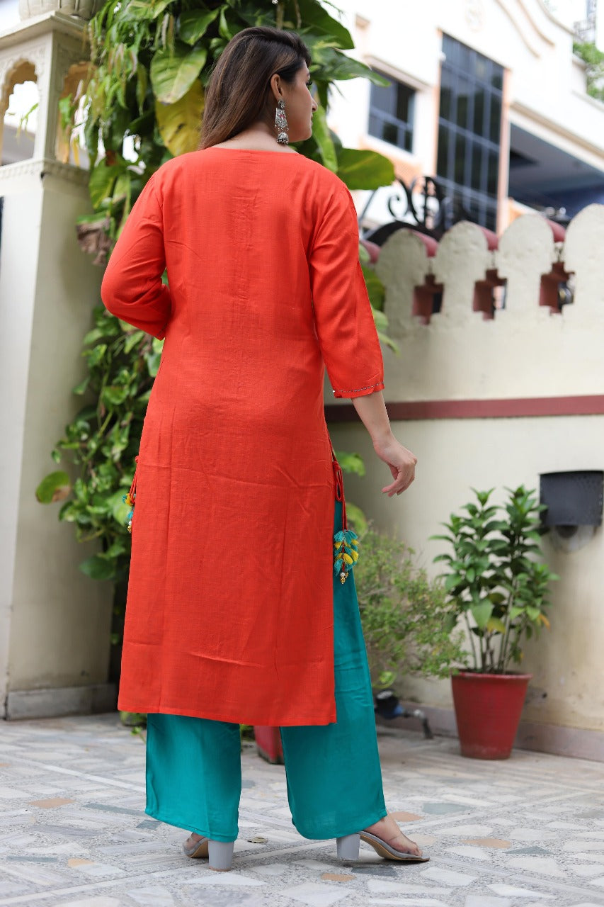 Rich Tangerine Orange Embroidered Kurta with Palazzo Set