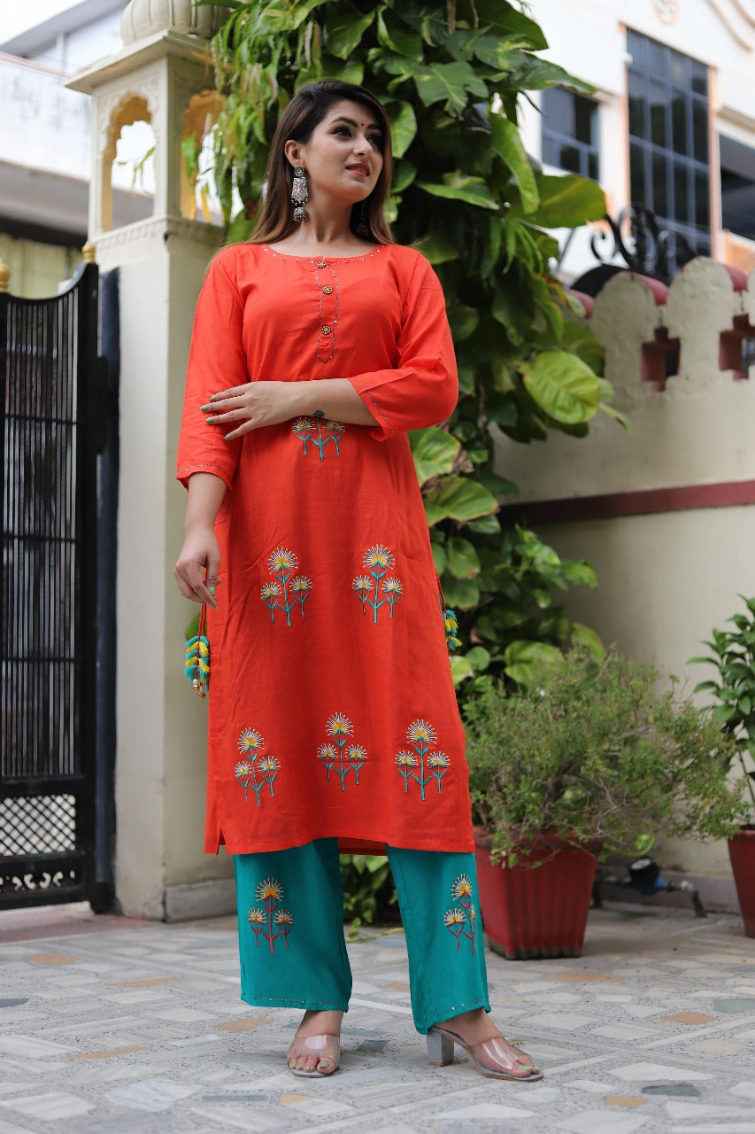 Rich Tangerine Orange Embroidered Kurta with Palazzo Set
