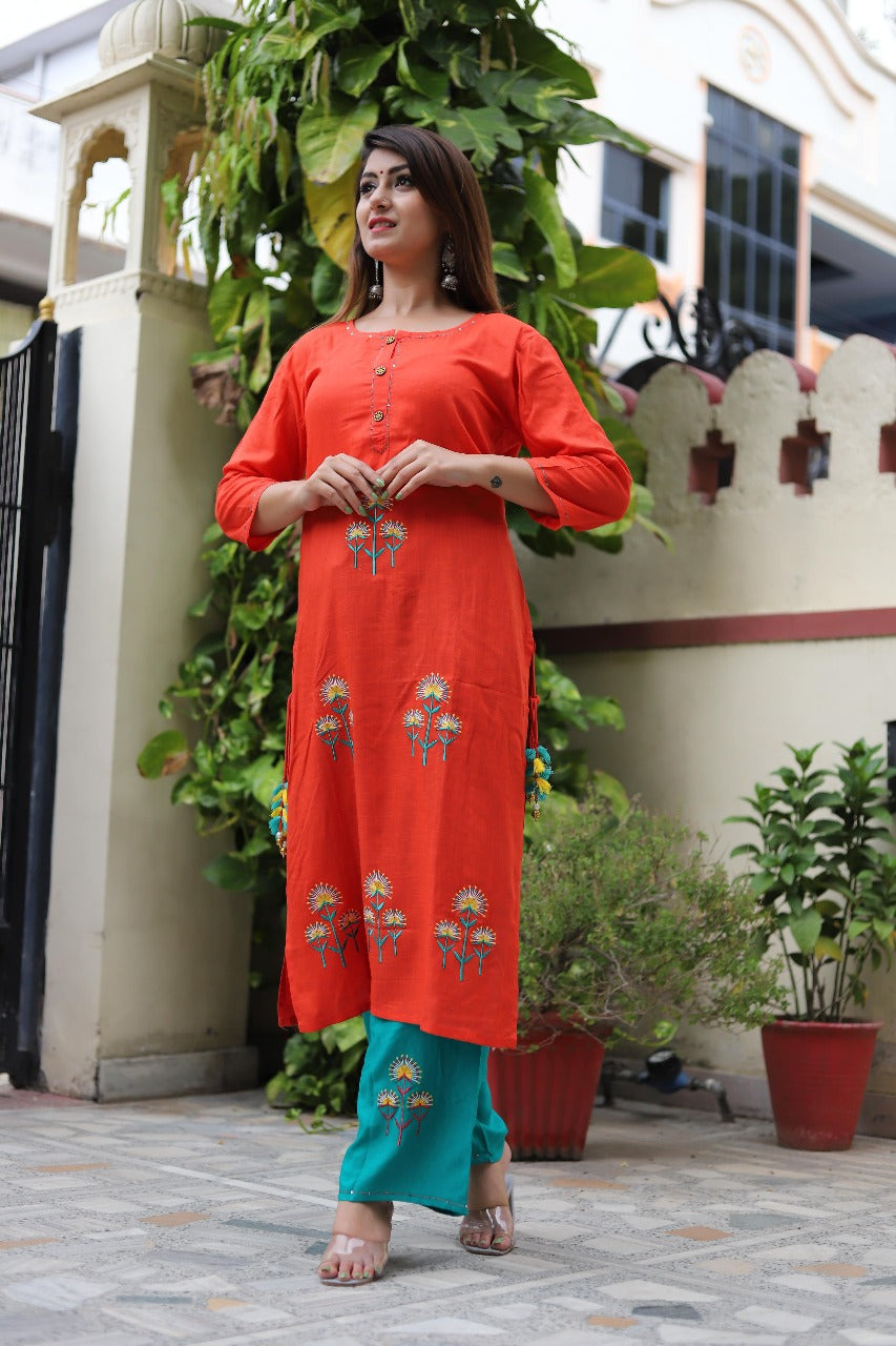 Rich Tangerine Orange Embroidered Kurta with Palazzo Set