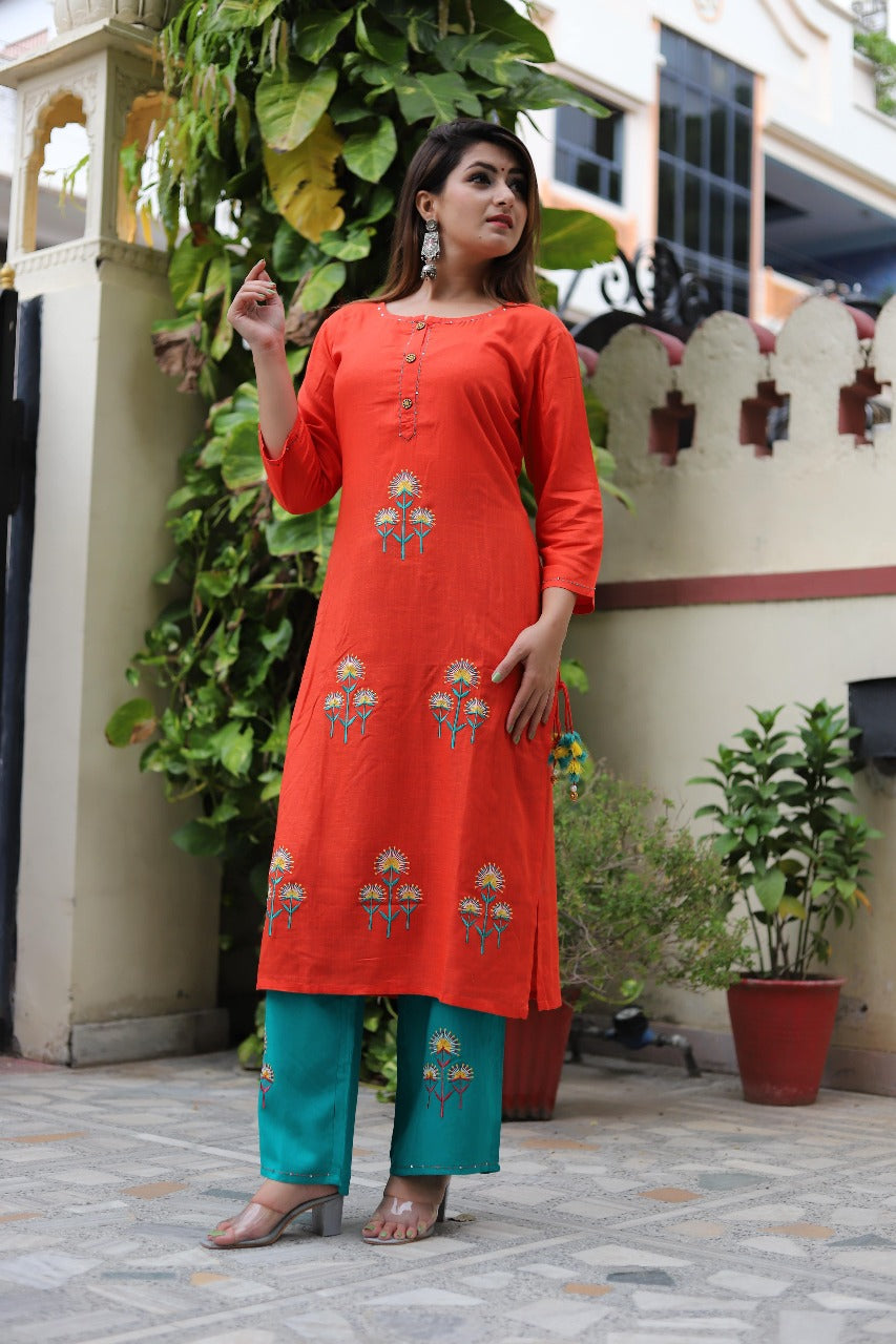 Rich Tangerine Orange Embroidered Kurta with Palazzo Set
