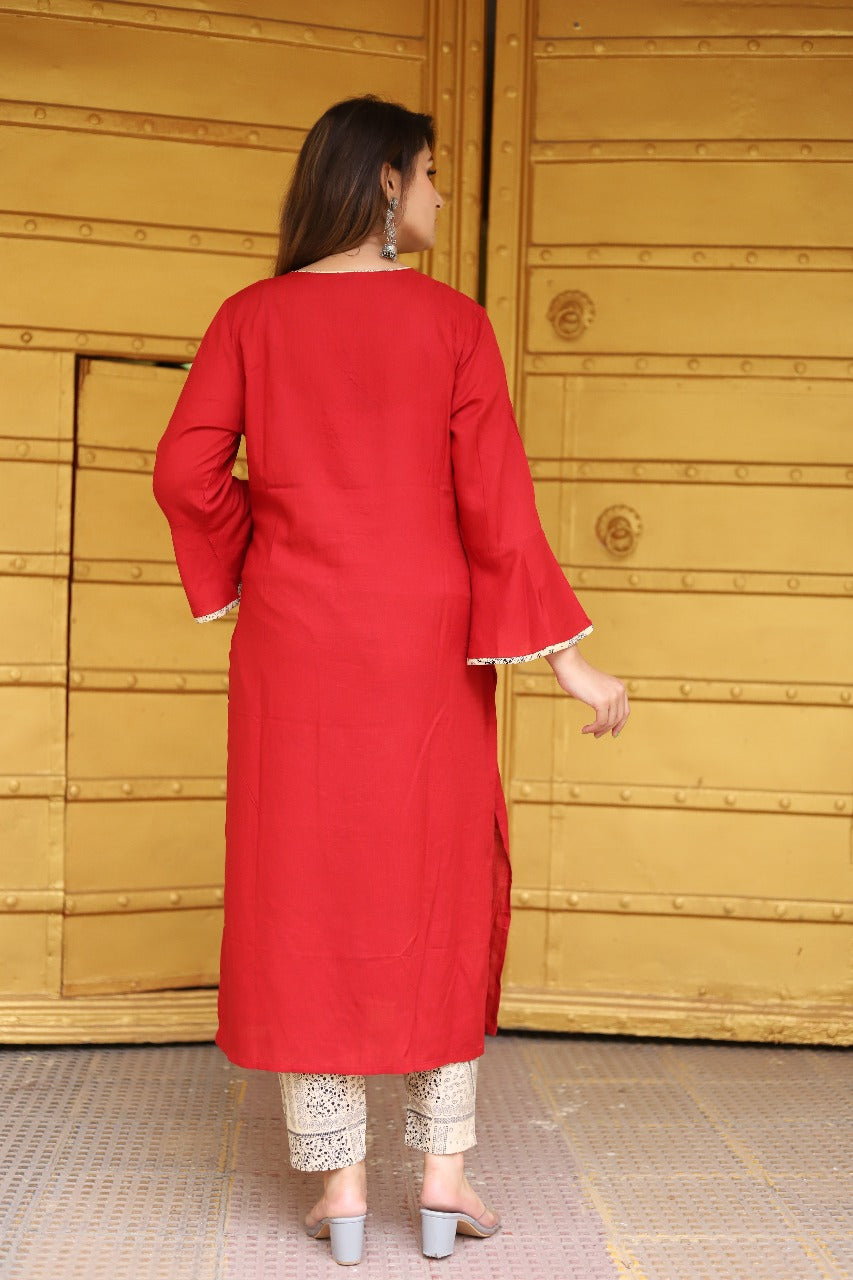 Elegant Red Rayon Kurti with Embroidery & Bell Sleeves