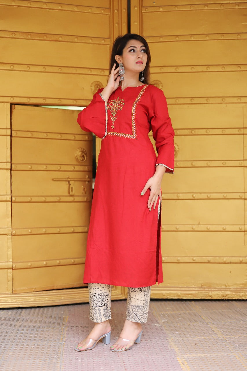 Elegant Red Rayon Kurti with Embroidery & Bell Sleeves