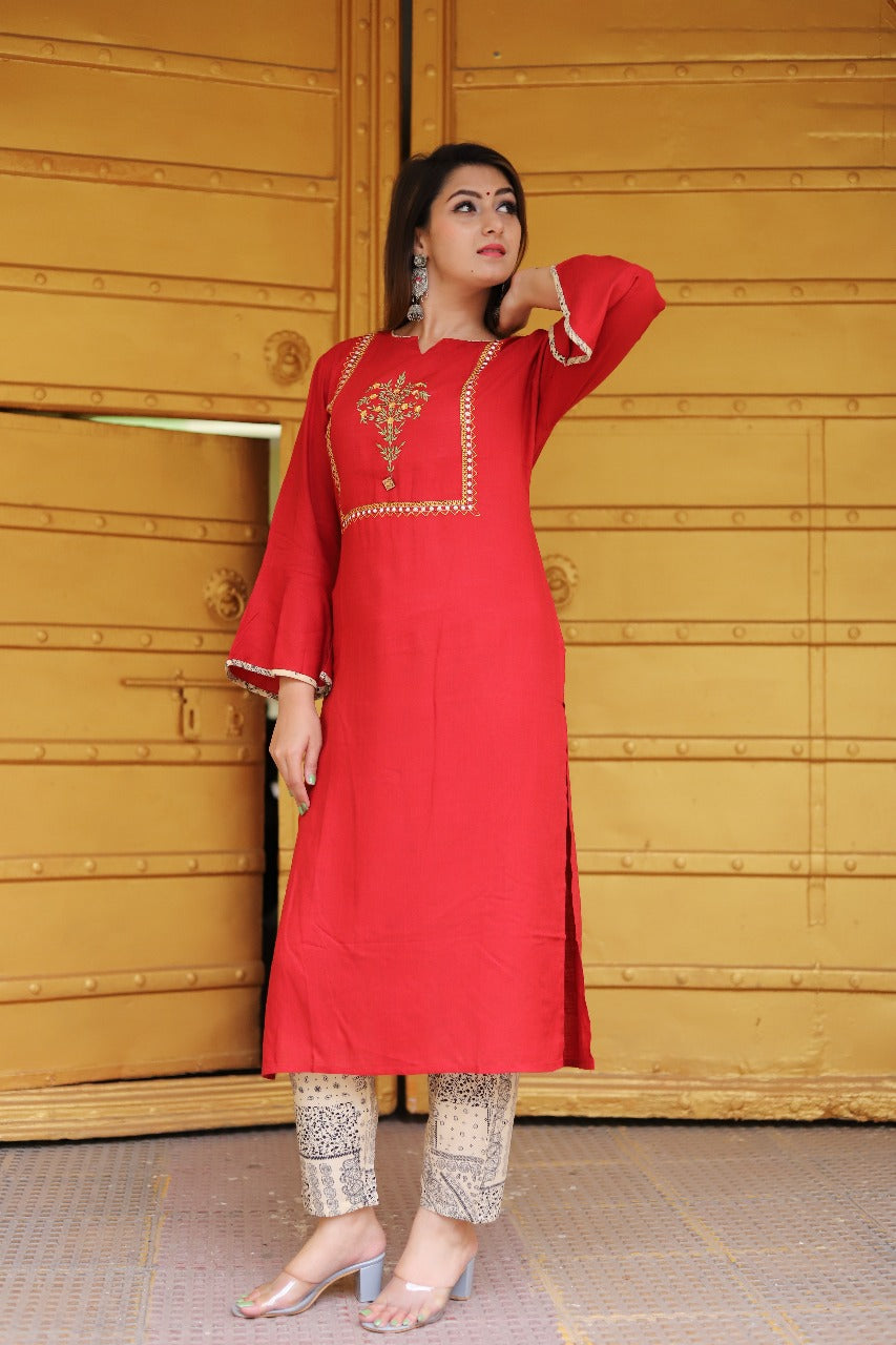 Elegant Red Rayon Kurti with Embroidery & Bell Sleeves