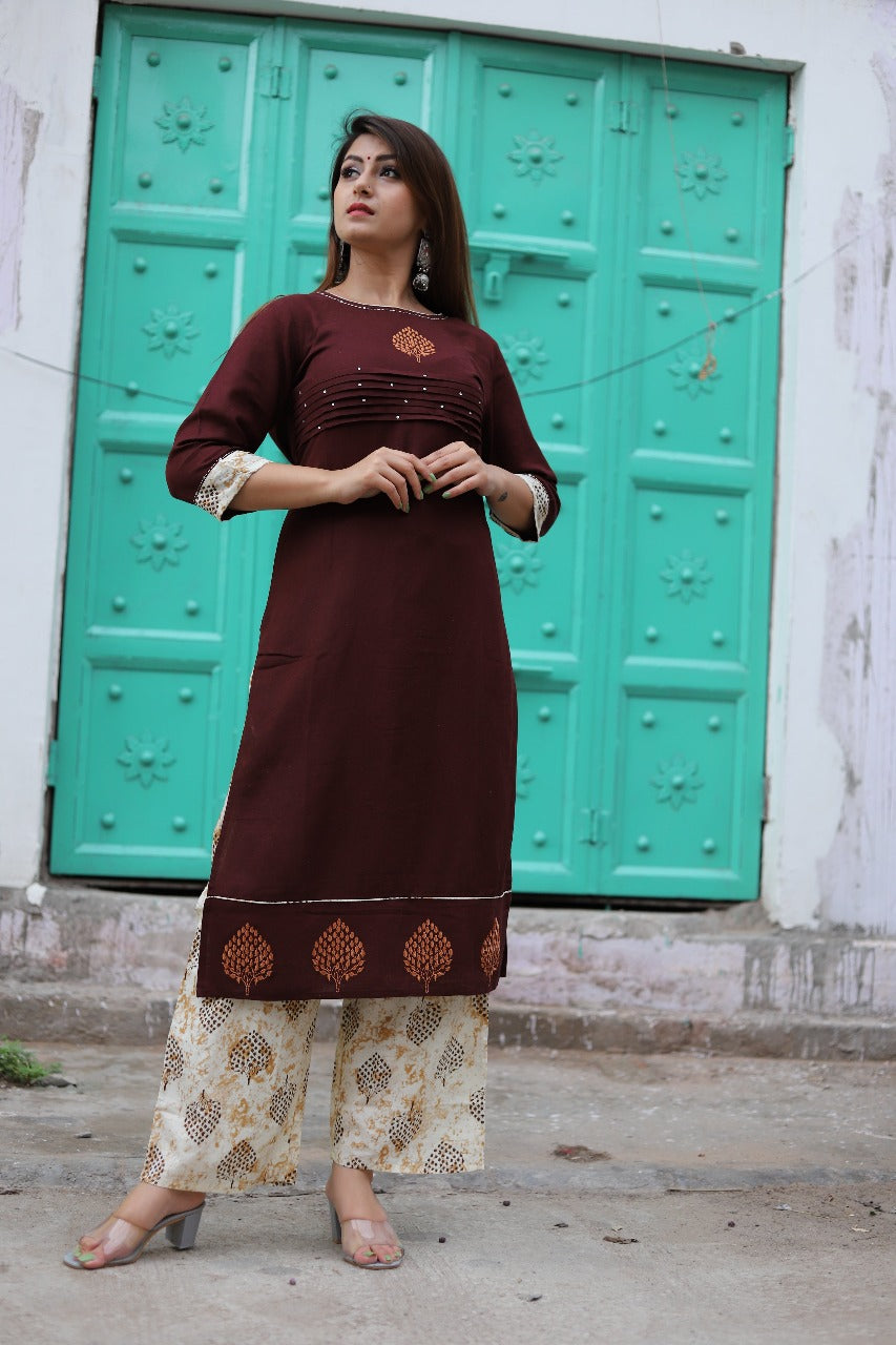 Embroidered Dark Wine Kurta Set with Printed Palazzos