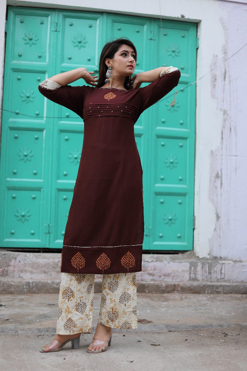 Embroidered Dark Wine Kurta Set with Printed Palazzos