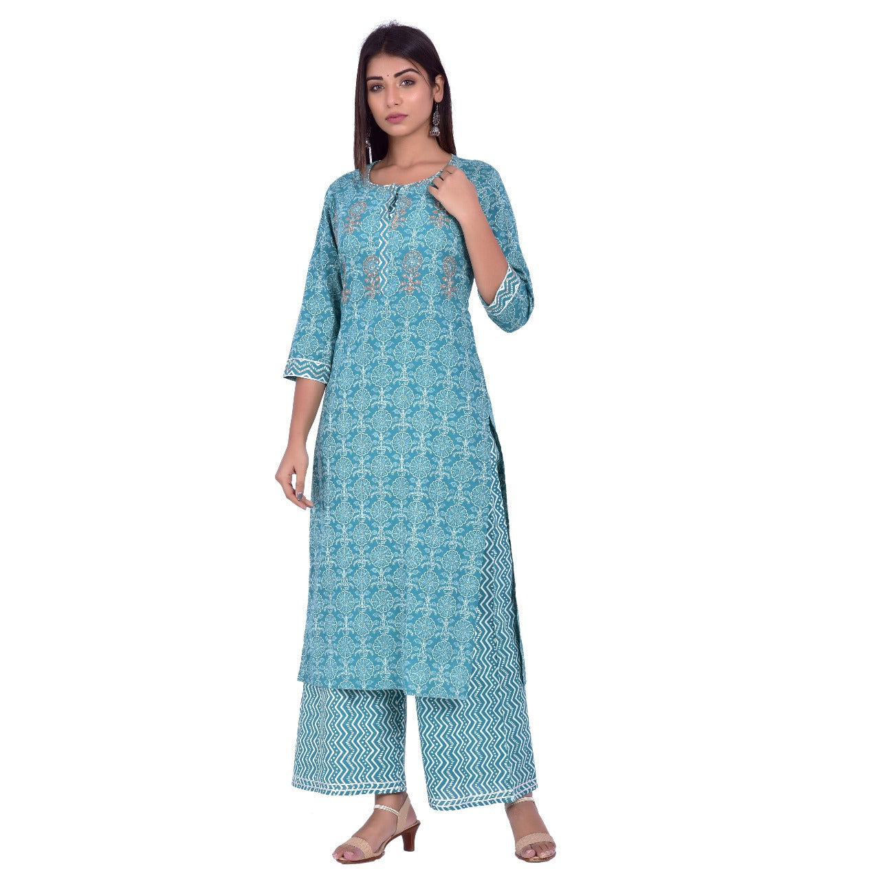 Green Printed Cotton Kurta With Palazzo Set