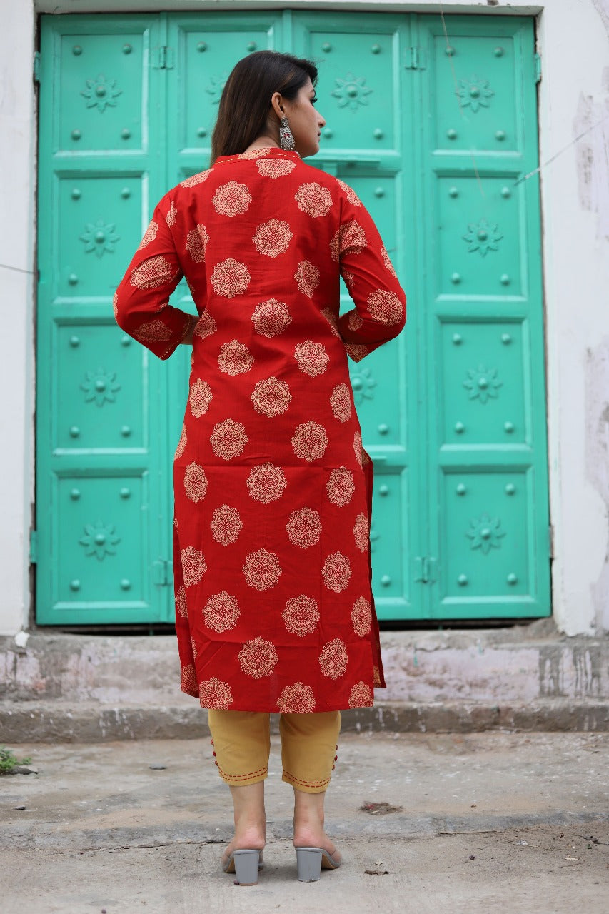 Red Printed Straight Kurta Set
