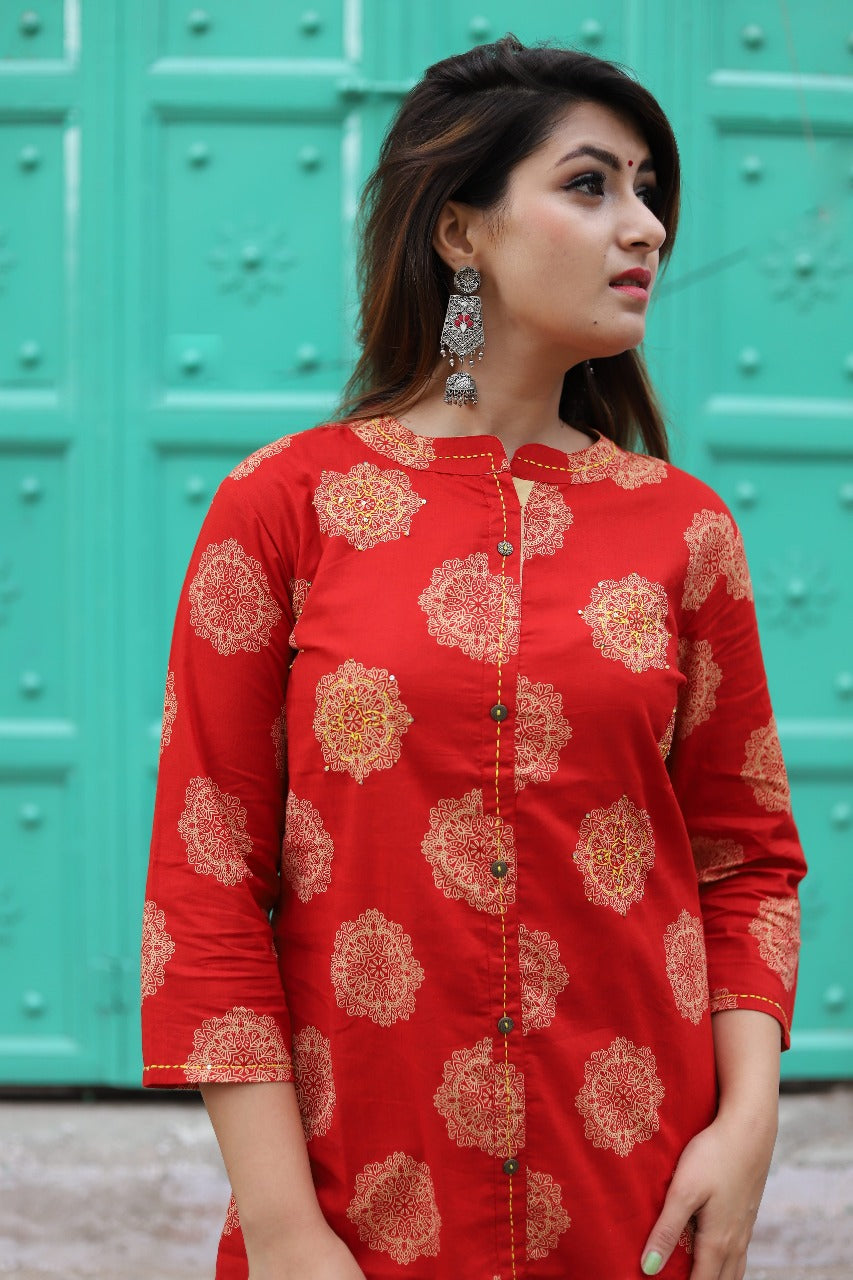 Red Printed Straight Kurta Set