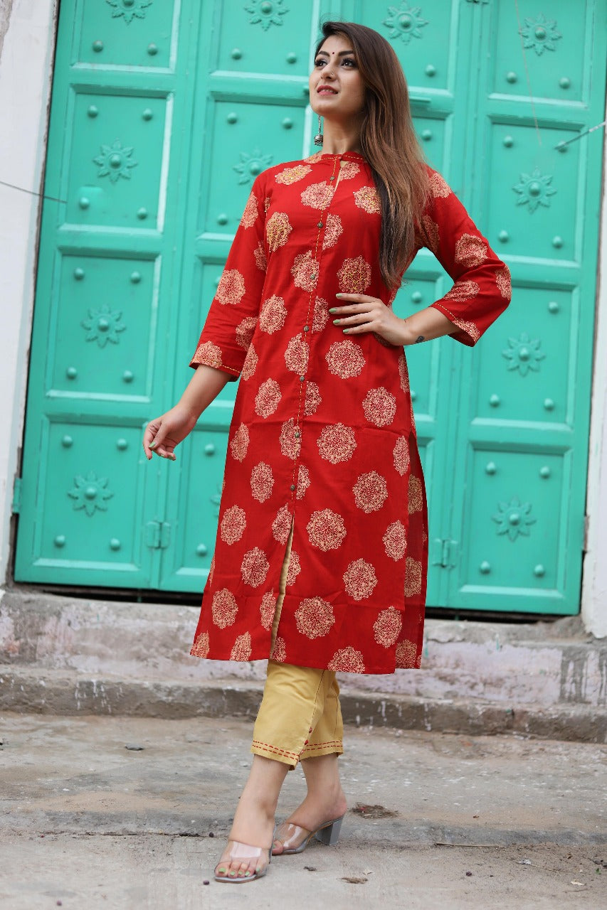Red Printed Straight Kurta Set