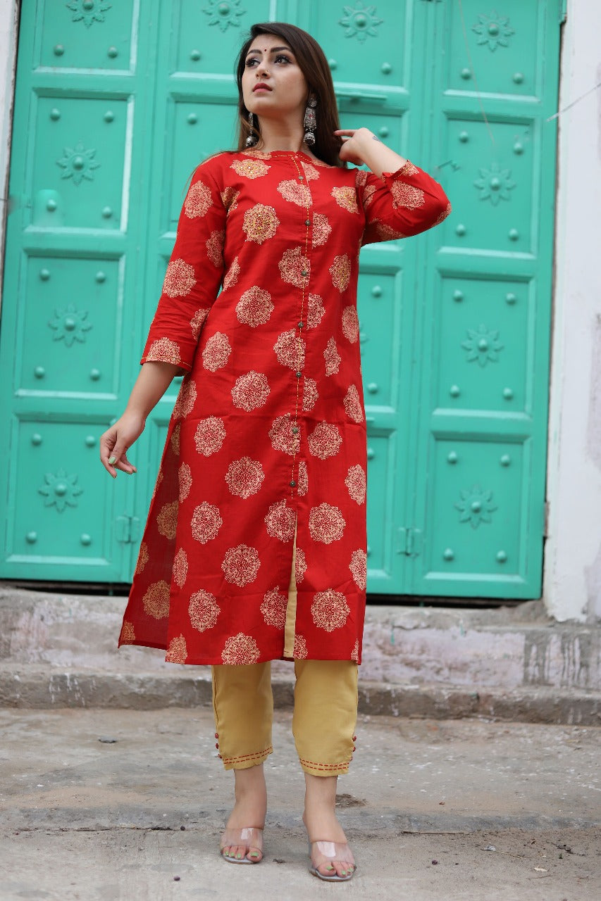 Red Printed Straight Kurta Set
