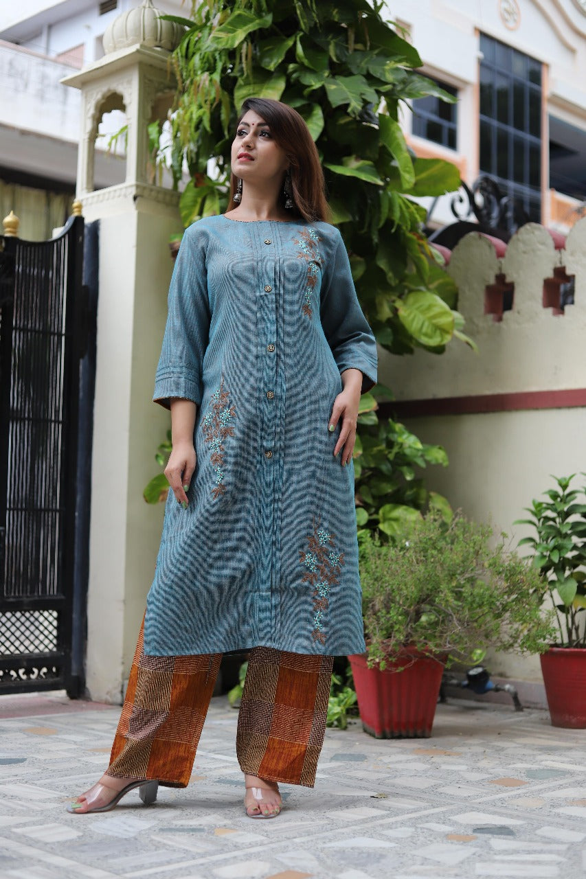 Teal Embroidered Kurta with Rust Checkered Palazzos