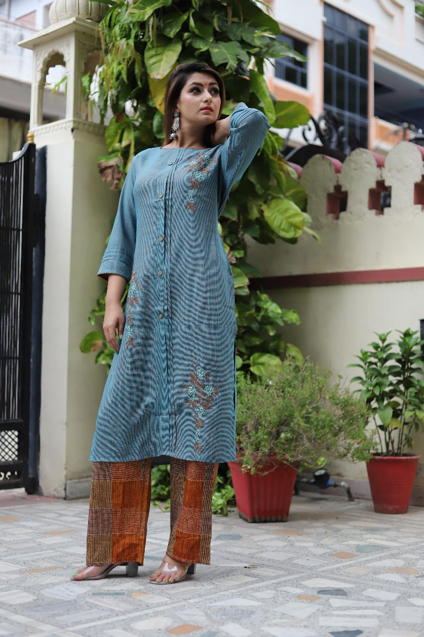 Teal Embroidered Kurta with Rust Checkered Palazzos