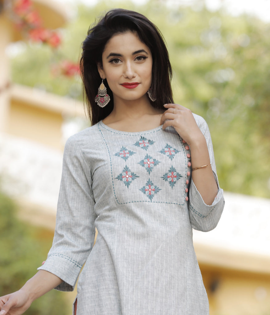 Grey Embroidered Kurti with Coral Palazzo Set