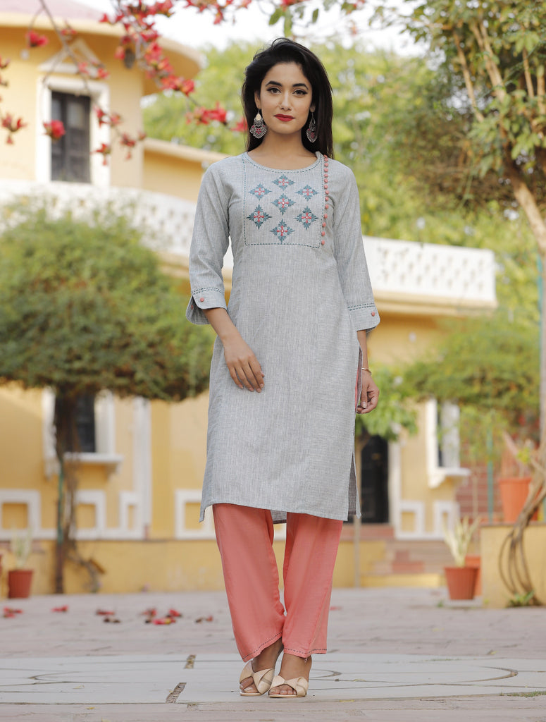 Grey Embroidered Kurti with Coral Palazzo Set