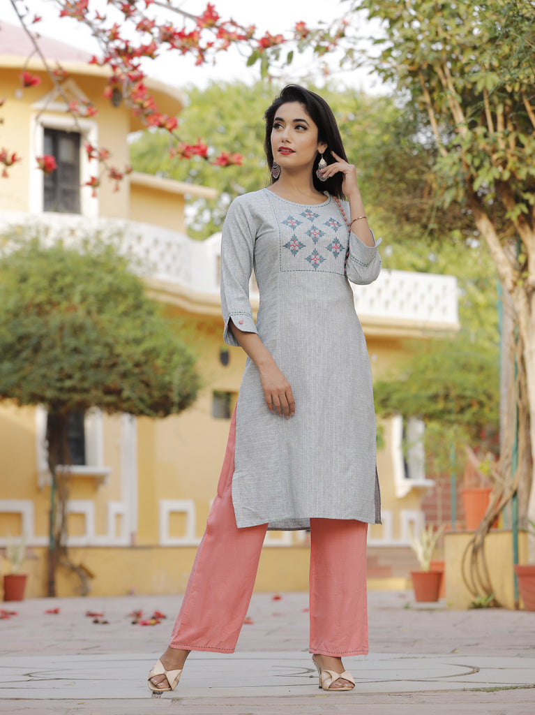 Grey Embroidered Kurti with Coral Palazzo Set