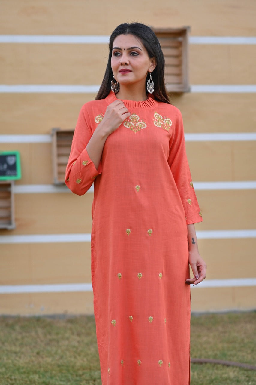 Coral Embroidered Kurta Set