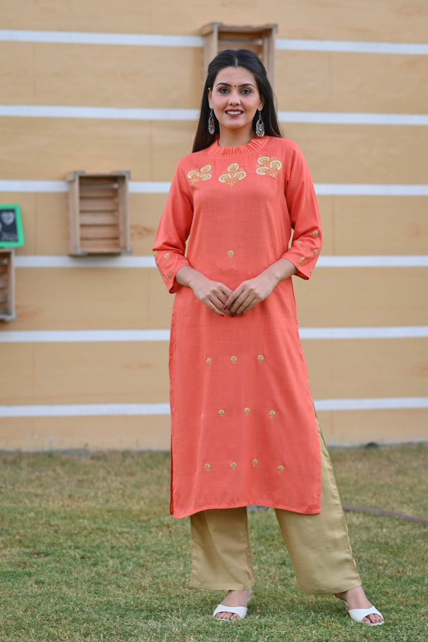 Coral Embroidered Kurta Set