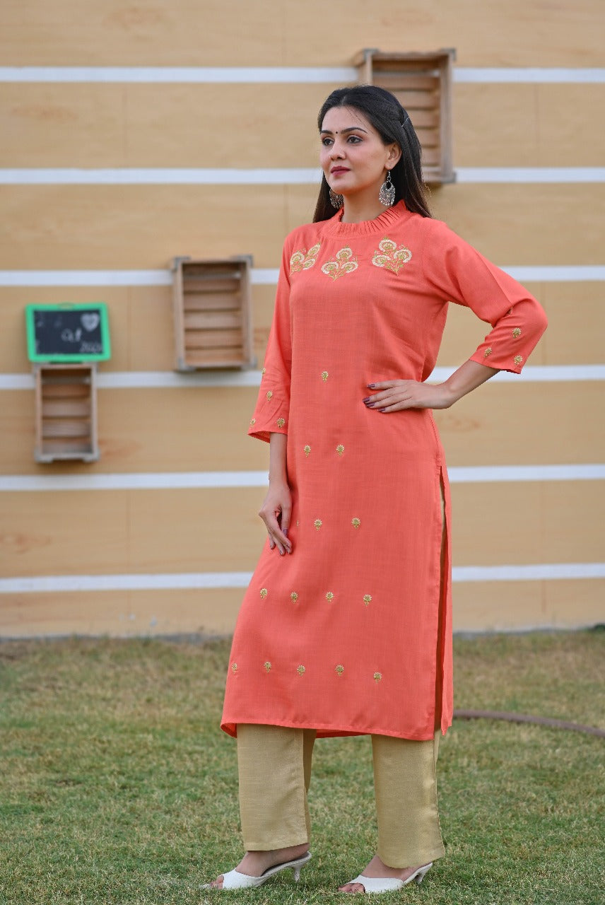 Coral Embroidered Kurta Set