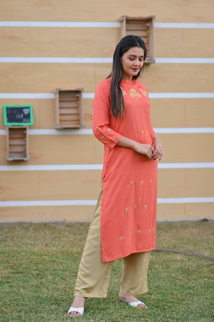 Coral Embroidered Kurta Set