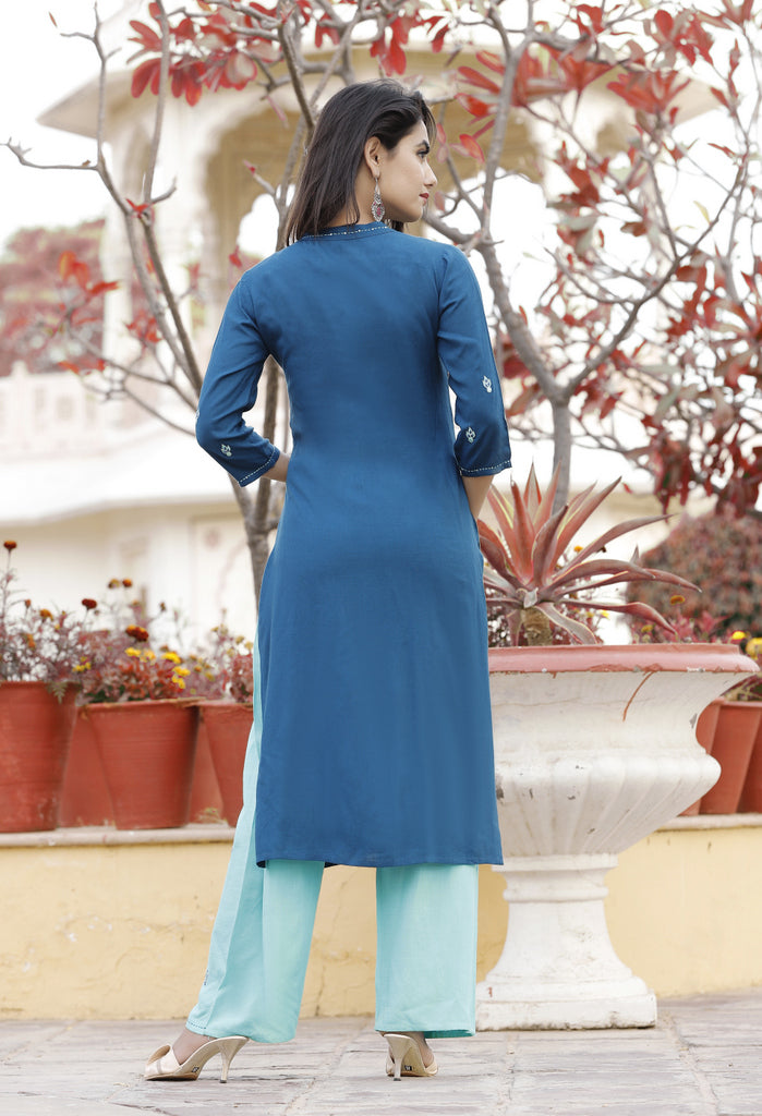 Blue Embroidered Kurta with Aqua Palazzo Set