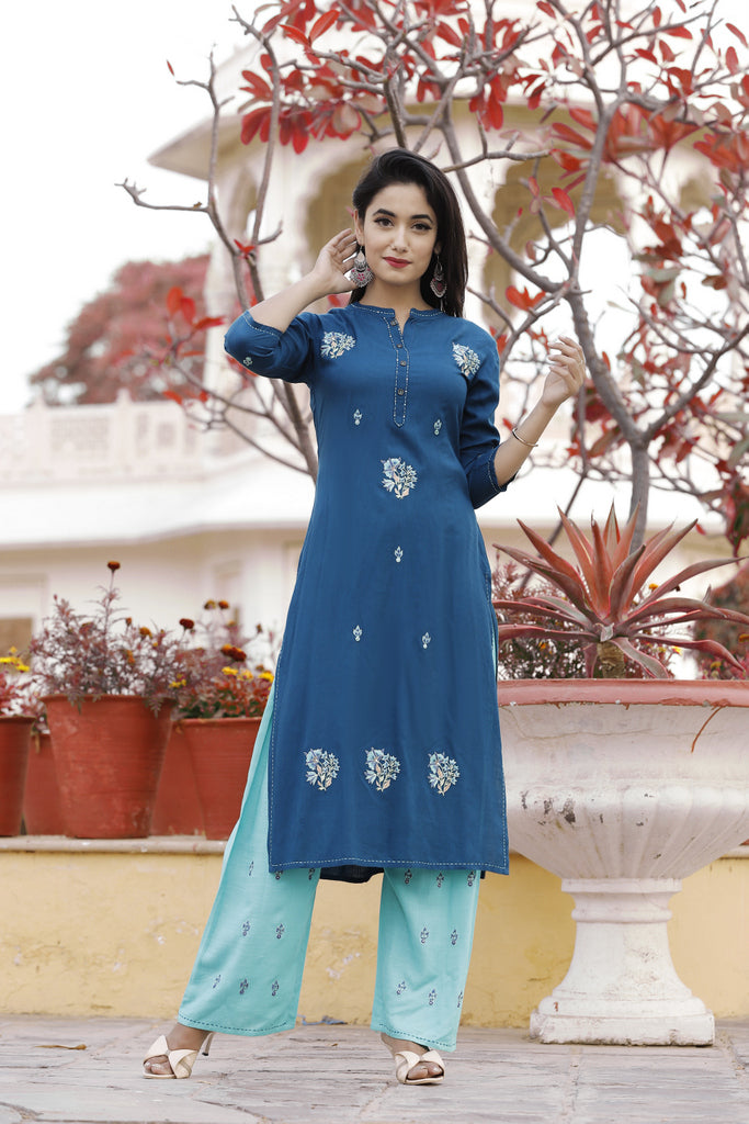 Blue Embroidered Kurta with Aqua Palazzo Set