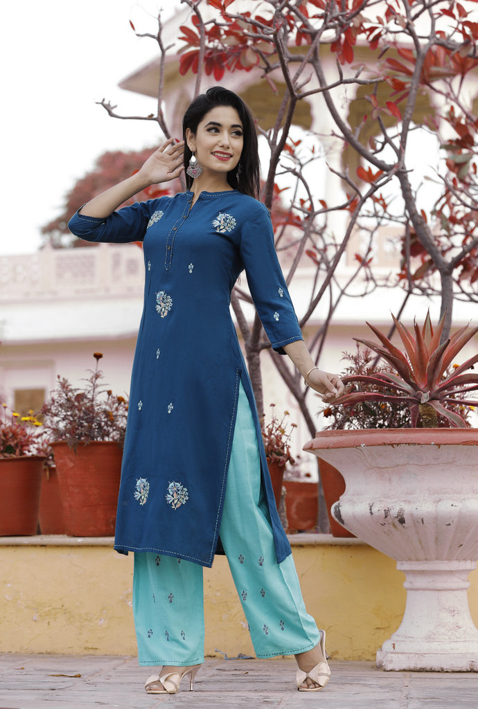 Blue Embroidered Kurta with Aqua Palazzo Set