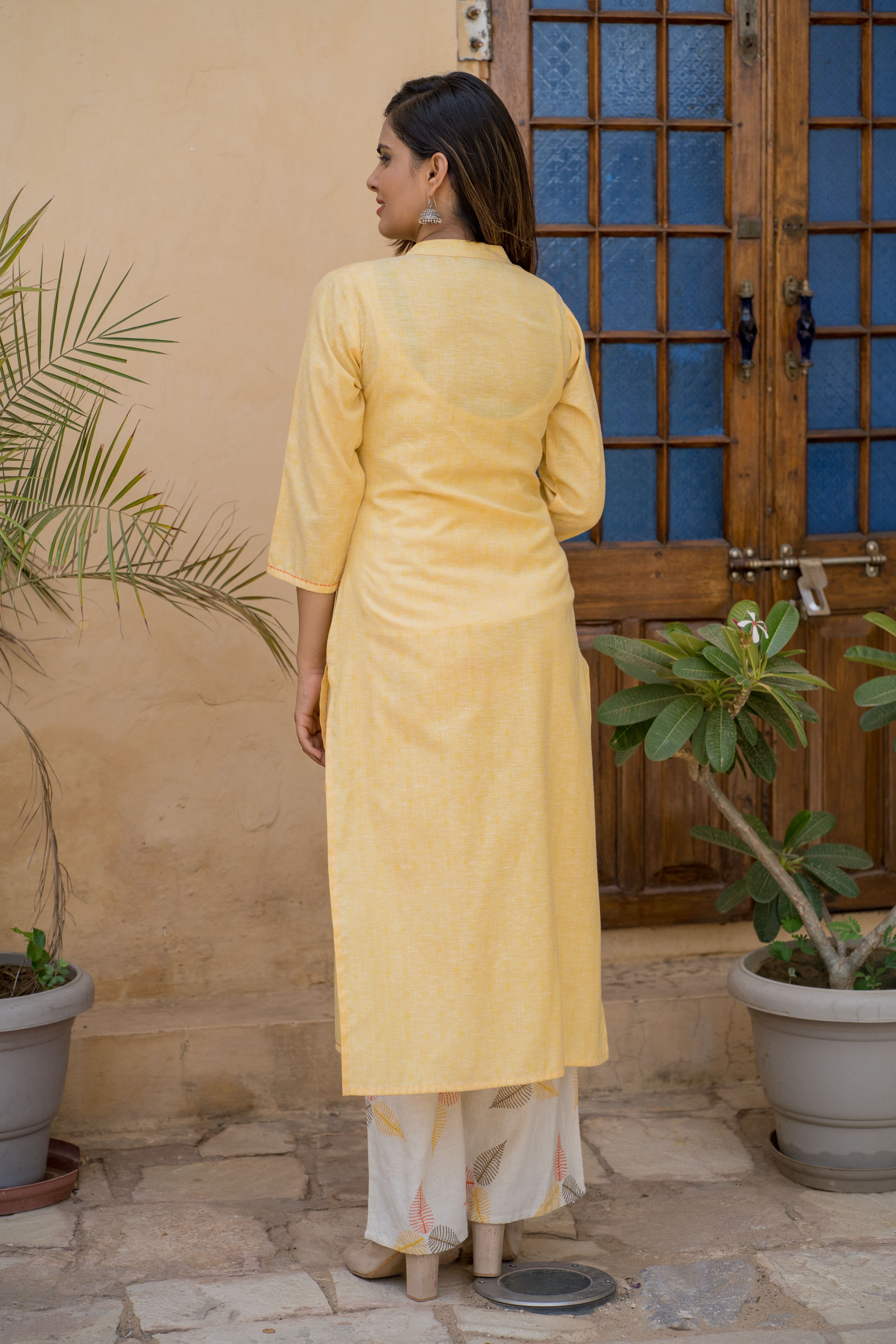Yellow Cotton Embroidered Kurta with Printed Palazzo