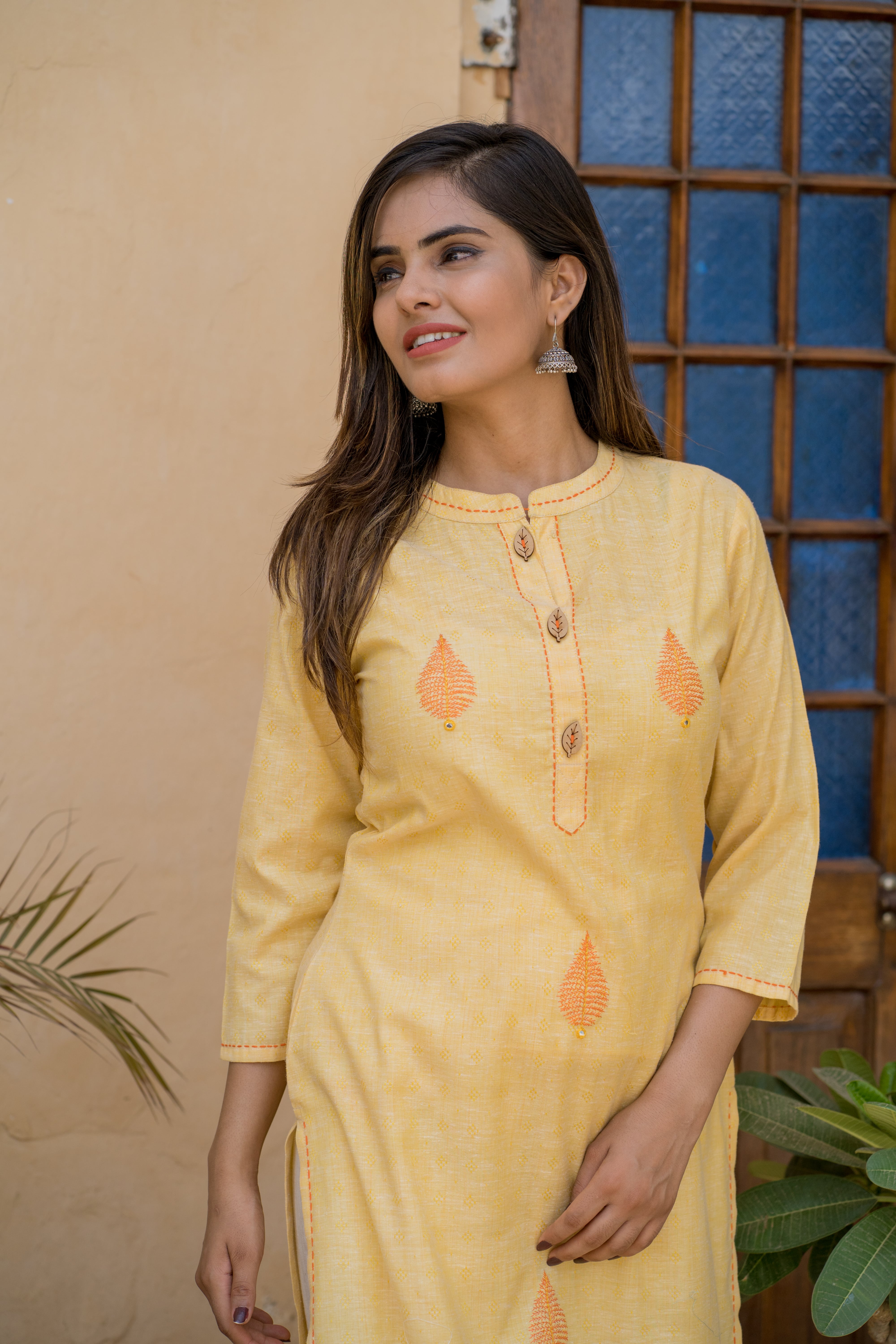Yellow Cotton Embroidered Kurta with Printed Palazzo