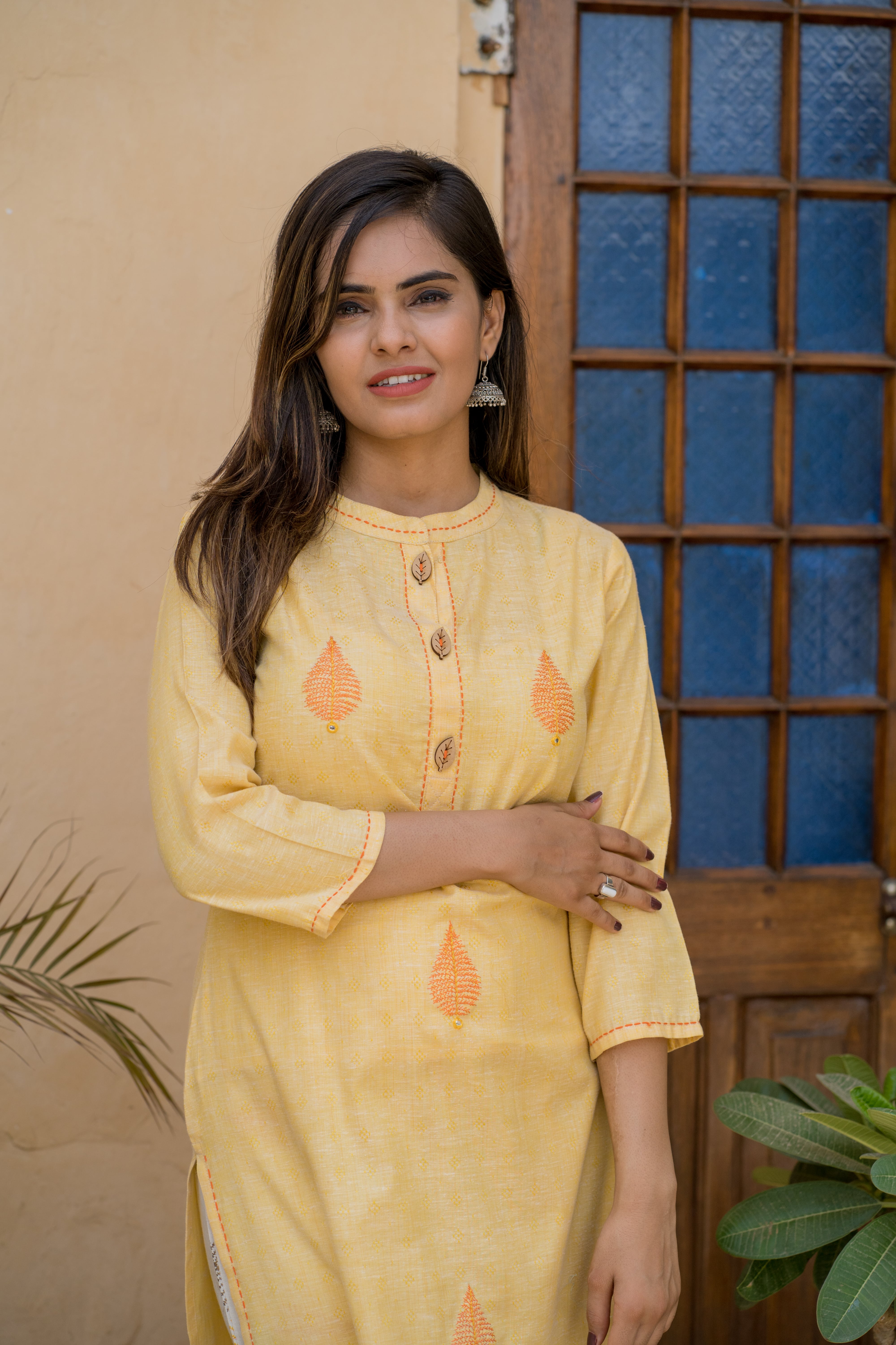 Yellow Cotton Embroidered Kurta with Printed Palazzo