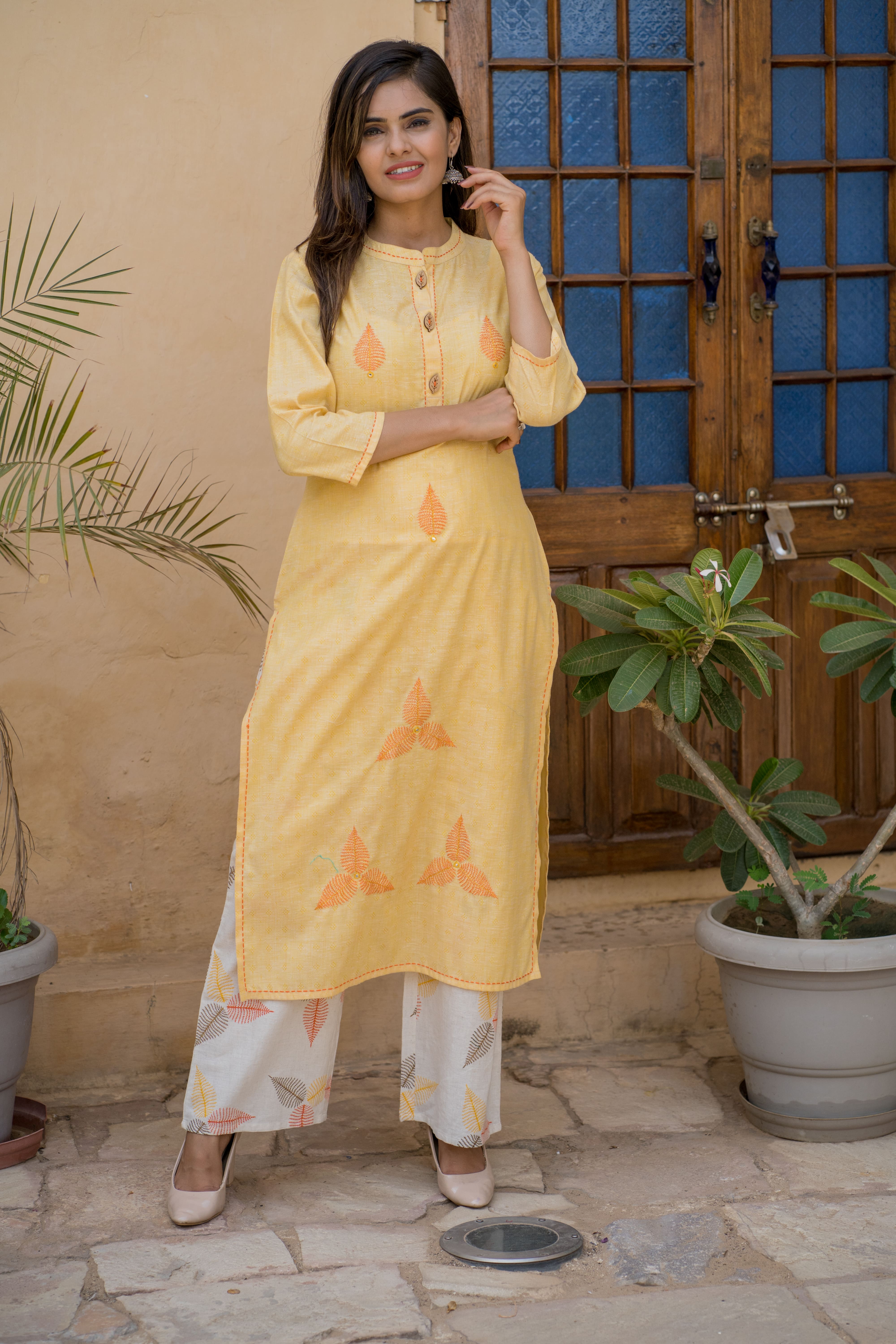 Yellow Cotton Embroidered Kurta with Printed Palazzo