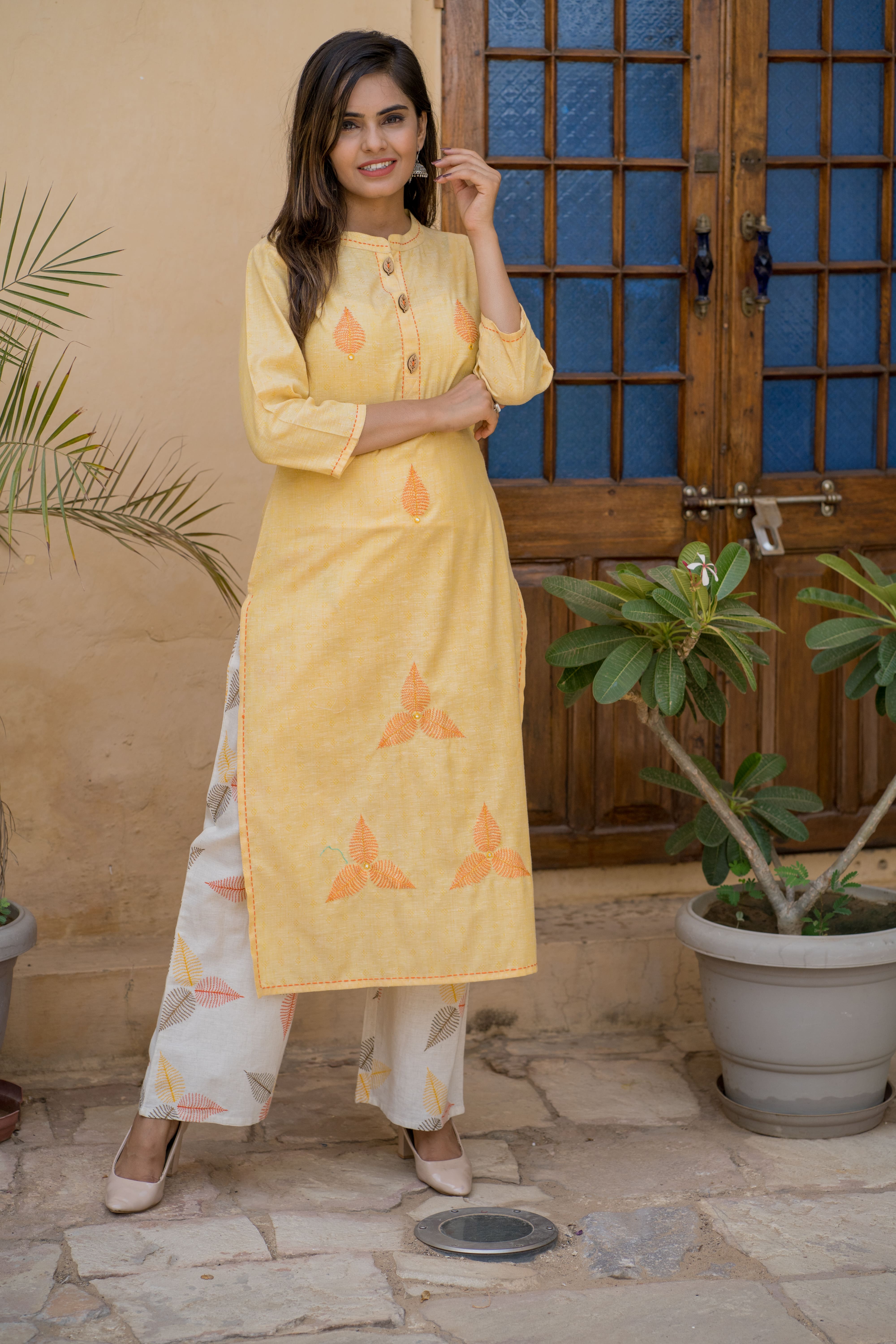 Yellow Cotton Embroidered Kurta with Printed Palazzo