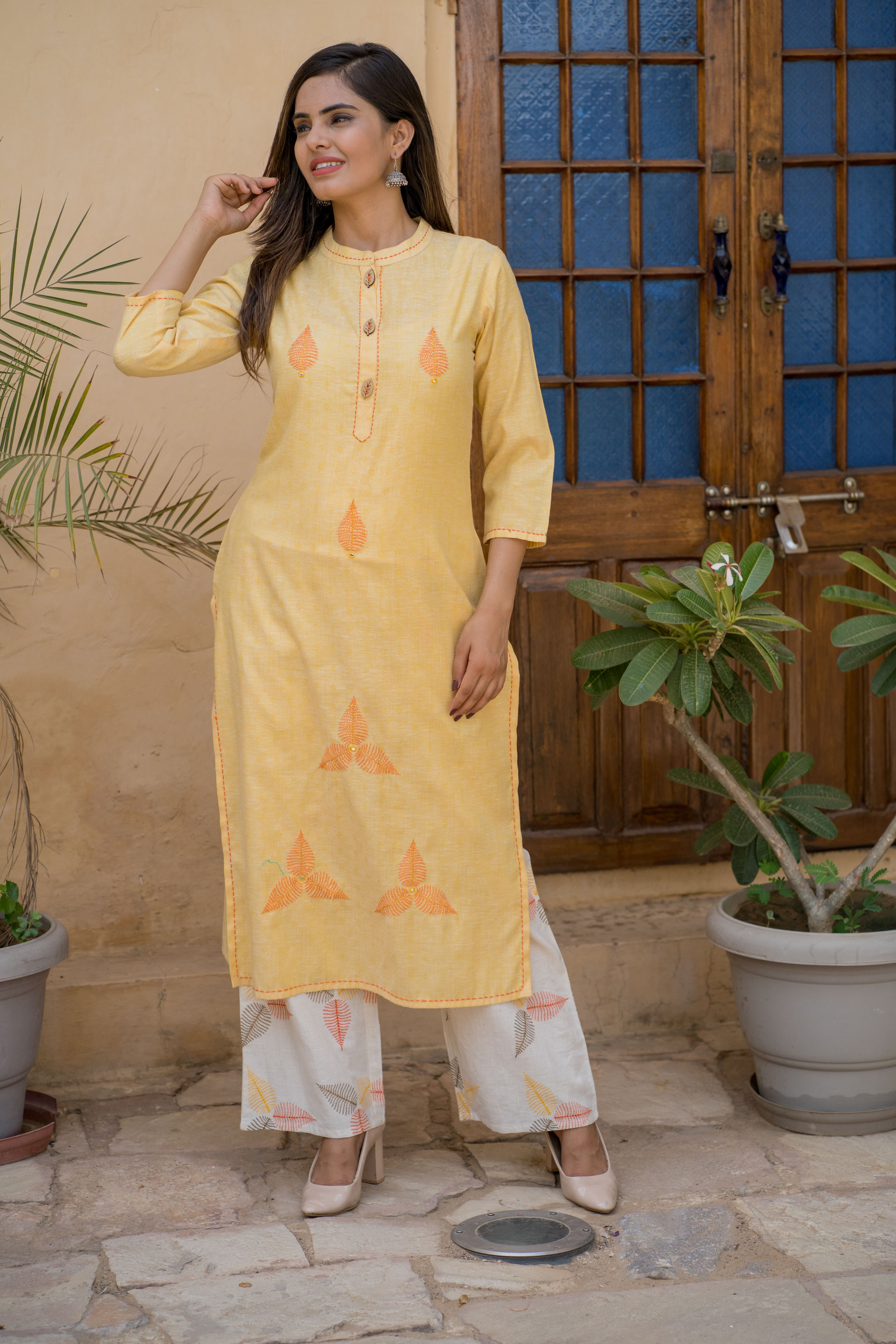 Yellow Cotton Embroidered Kurta with Printed Palazzo