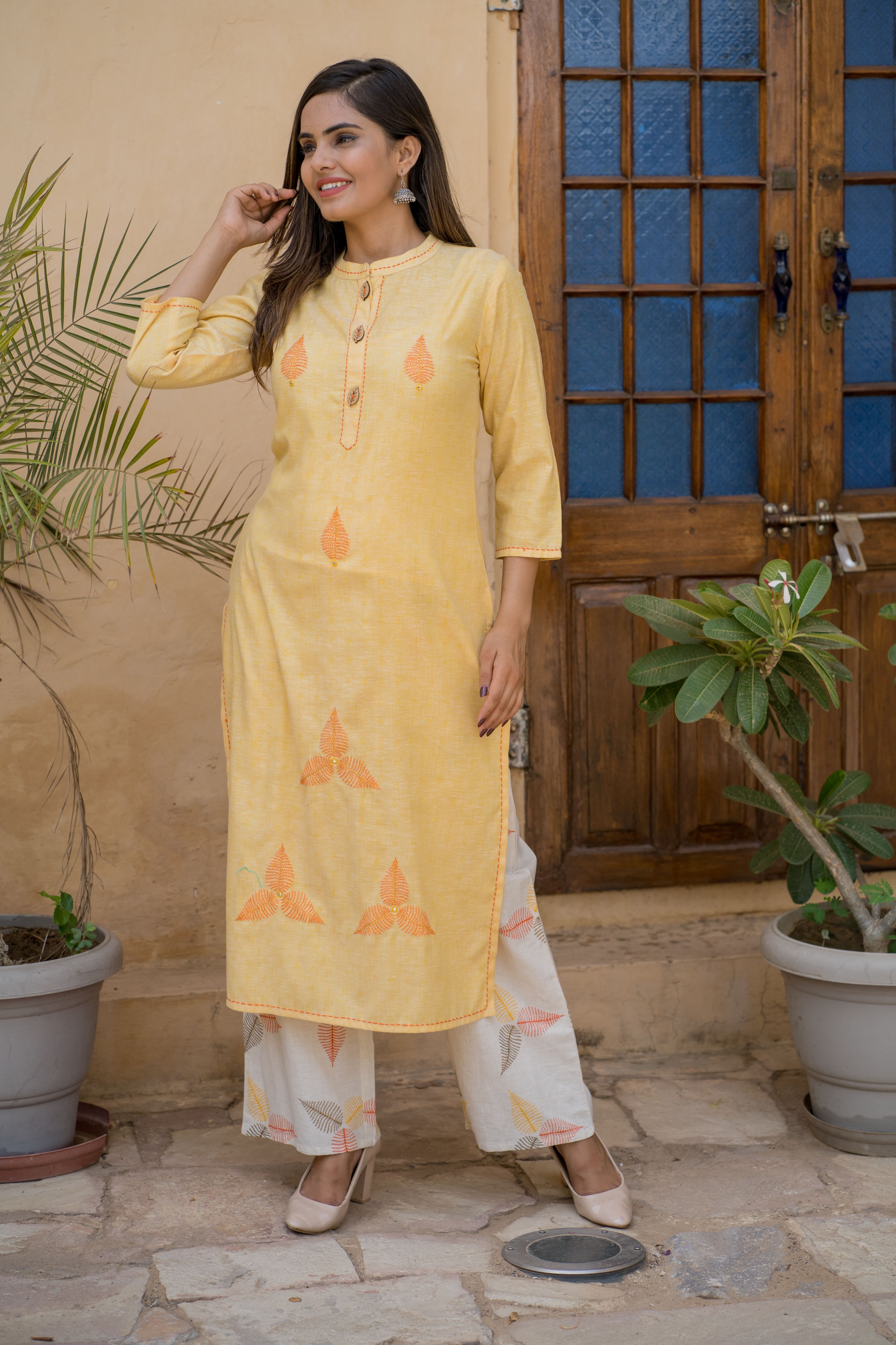 Yellow Cotton Embroidered Kurta with Printed Palazzo