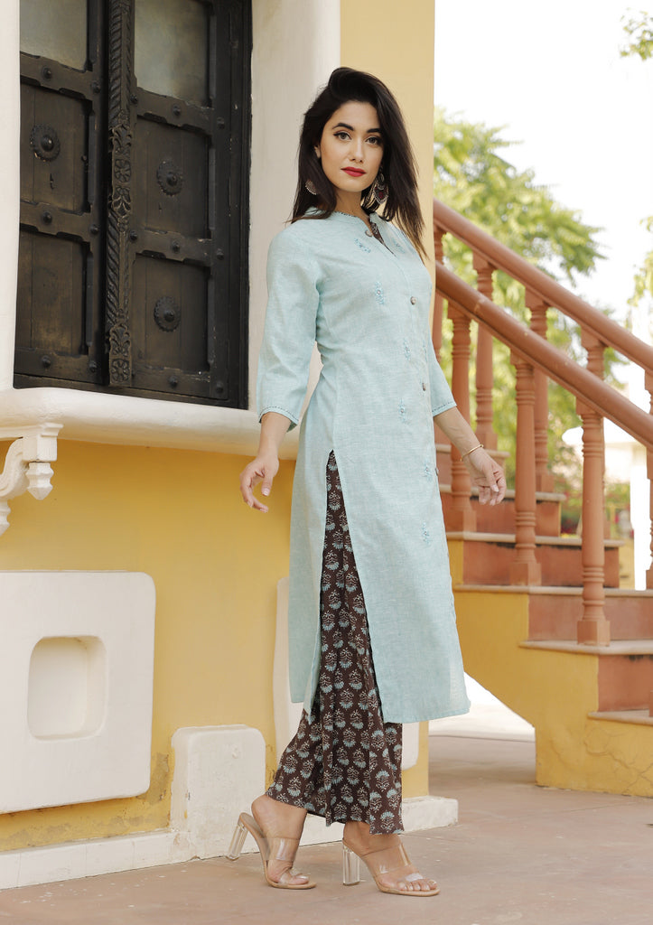 Elegant Sky Blue Straight Kurti with Printed Palazzo