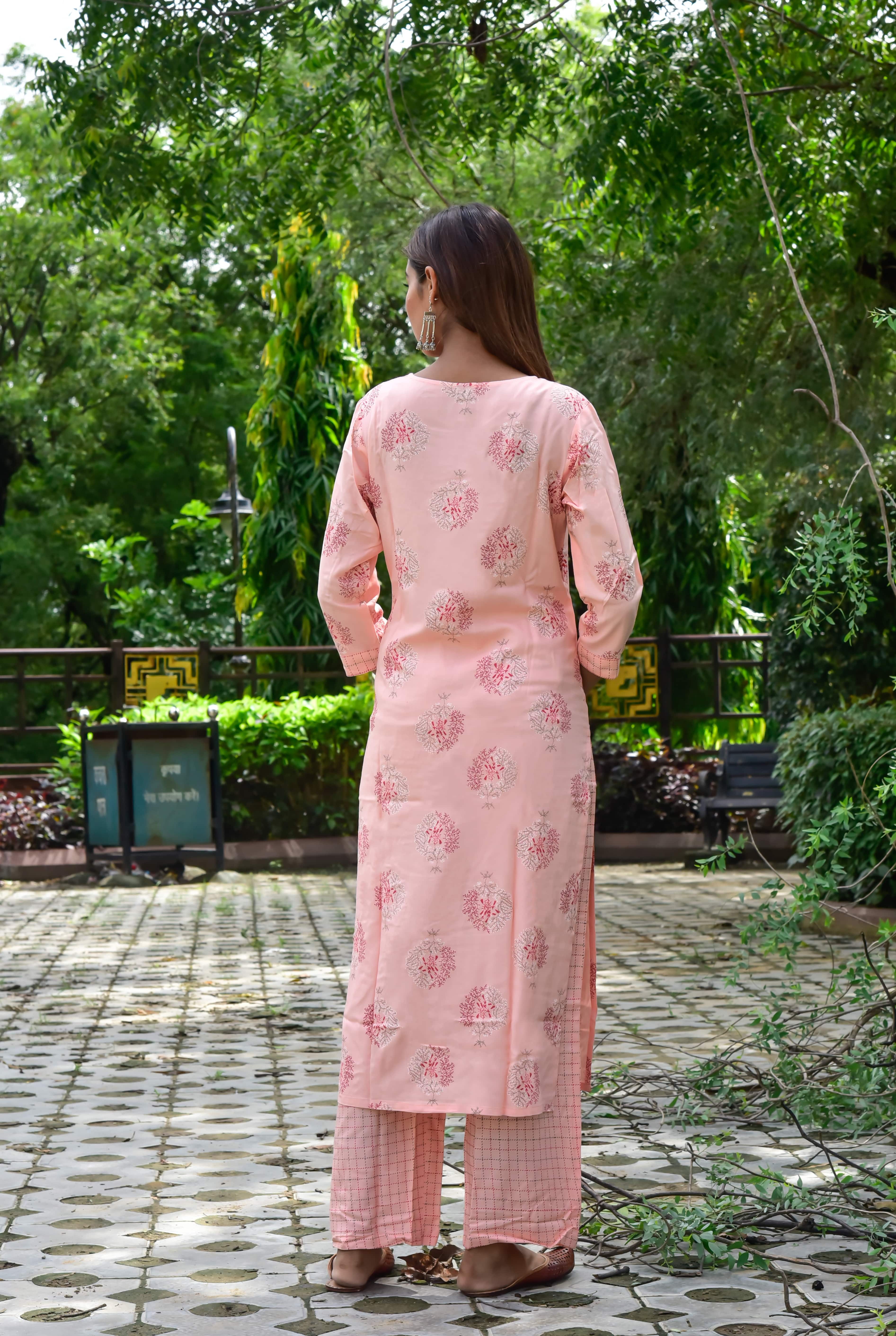 Blush Pink Floral Printed Kurta Set with Straight Pants