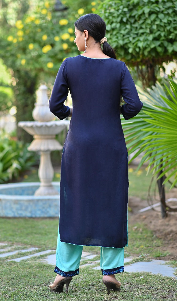Navy Blue Embroidered Kurta Set with Turquoise Straight Pants